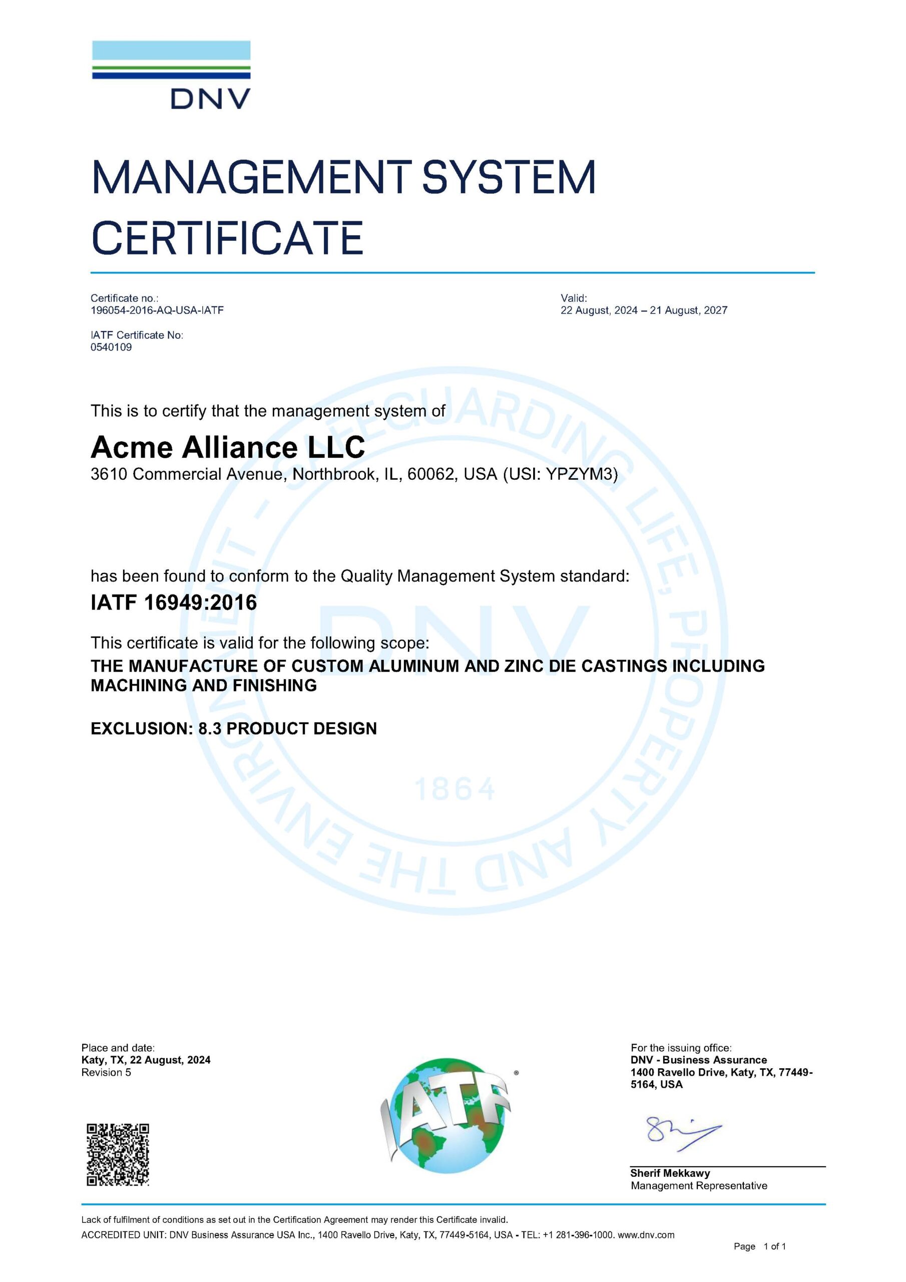 Acme Alliance IATF 16949:2016 Certificate