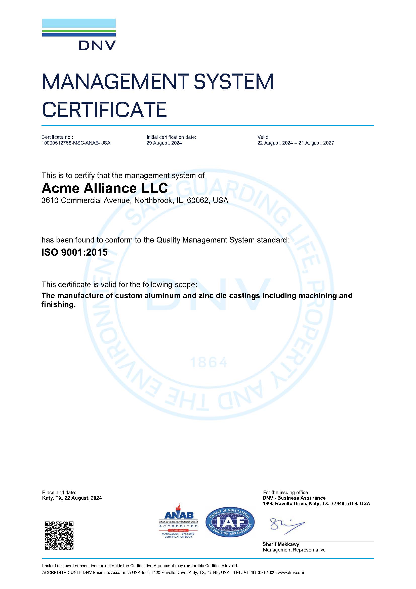 Acme Alliance ISO 9001:2015 Certificate